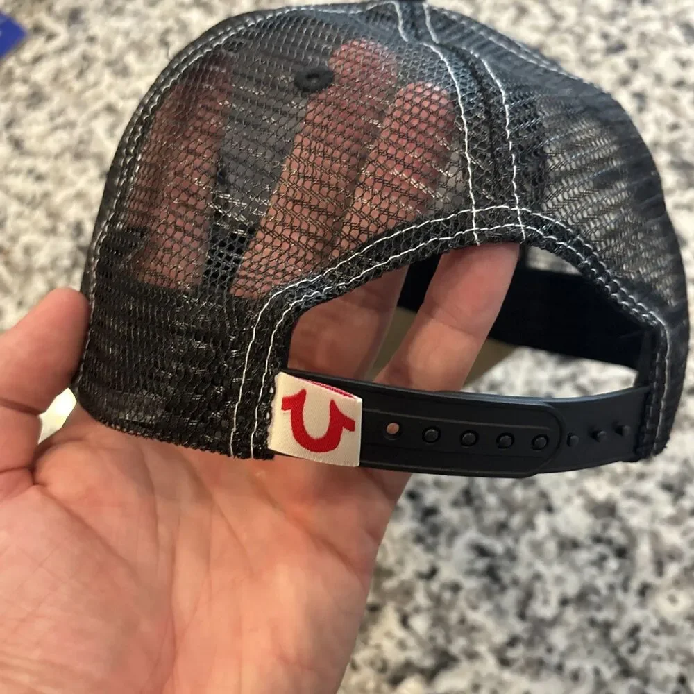 True Religion Buddha Trucker Hat Travertine Black Adjustable Mesh Back Men